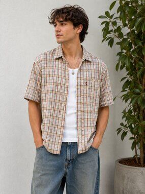 Levi's Red Tab Beige Brown Plaid Button Down Shirt Men's Medium Cotton Casual
